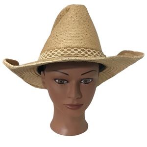 Cowboy Straw Hat Large Band Curled Rolled Tan